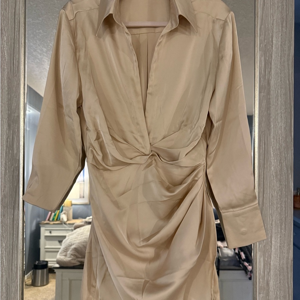 12th Tribe Gold Wrap Skirt Deep Feont Collared Long Sleeve Mini Dress Small